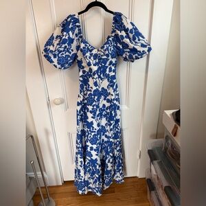 Blue and White Floral Puff-Sleeve Midi Dress